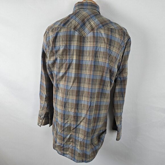 ATB Authentic Western Shirt Men 16 32/33 Brown Blue Plaid Snap Down - Picture 15 of 16